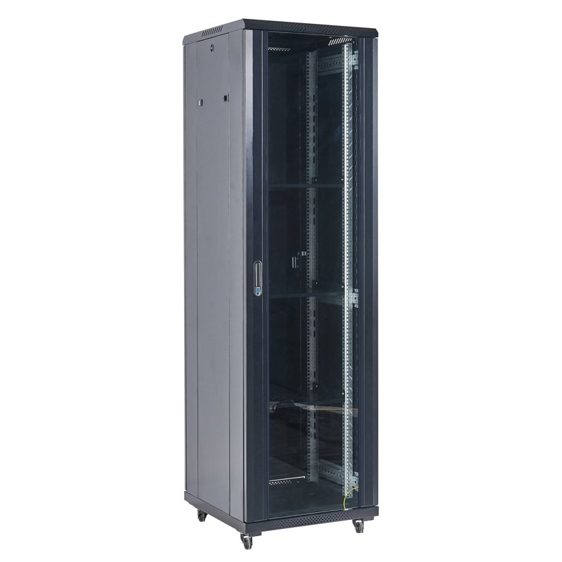 Напольный шкаф 19" 27U 600х600х1387, дверь сплошное стекло, черный, RAL 9005 REXANT (04-2766-212)