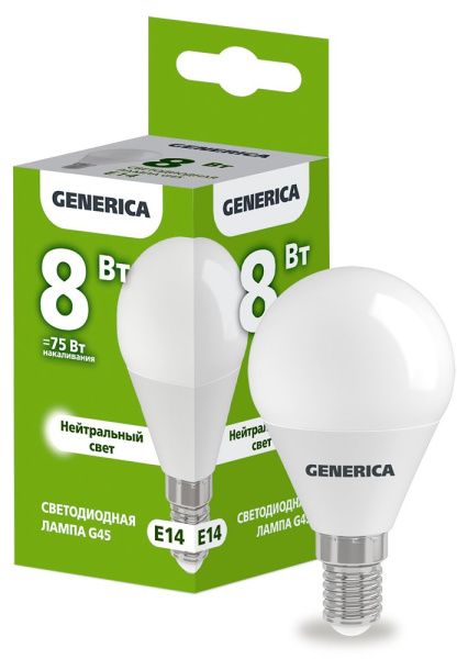 Лампа светодиодная G45 шар 8Вт 230В 4000К E14 GENERICA (LL-G45-08-230-40-E14-G)