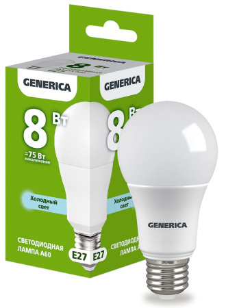 Лампа светодиодная A60 груша 8Вт 230В 6500К E27 GENERICA (LL-A60-08-230-65-E27-G)