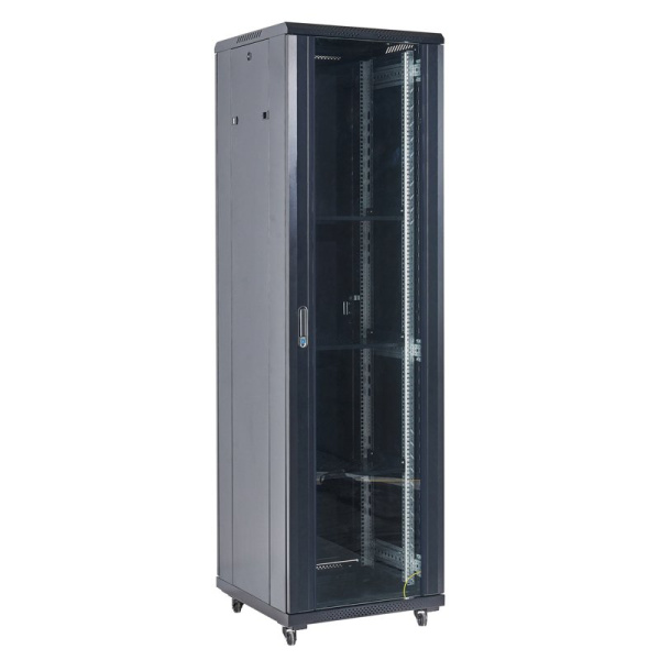 Напольный шкаф 19" 27U 600х600х1387, дверь сплошное стекло, черный, RAL 9005 REXANT (04-2766-212)