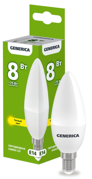 Лампа светодиодная C35 свеча 8Вт 230В 3000К E14 GENERICA (LL-C35-08-230-30-E14-G)